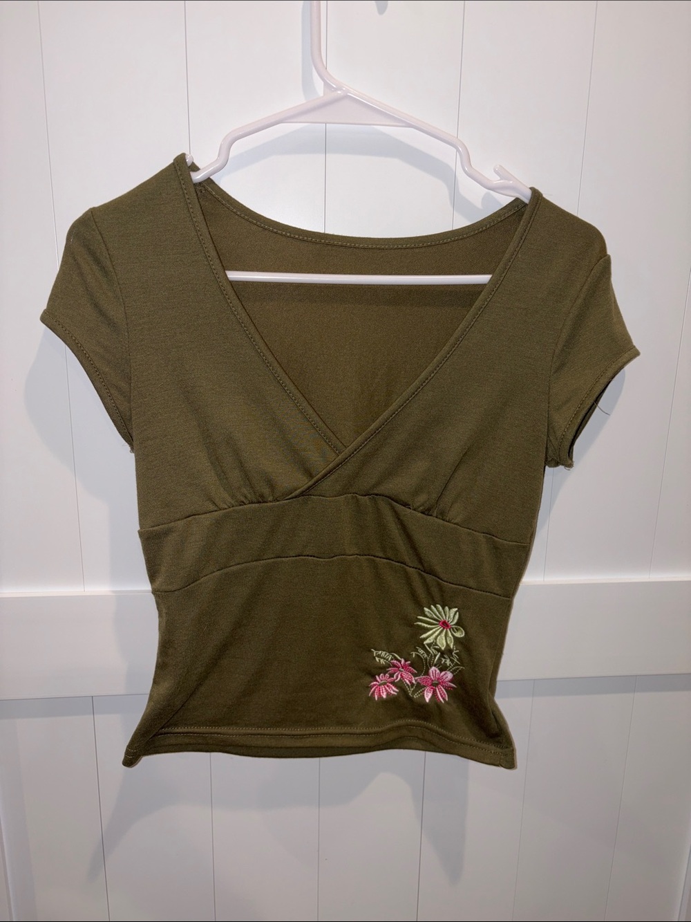 Olive Green Floral-Embroidered Women’s Wrap-Style Top ( Used once)